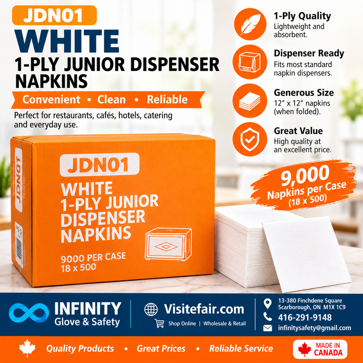 White 1-Ply Junior Dispenser Napkins – JDN01 | 9,000 Napkins per Case