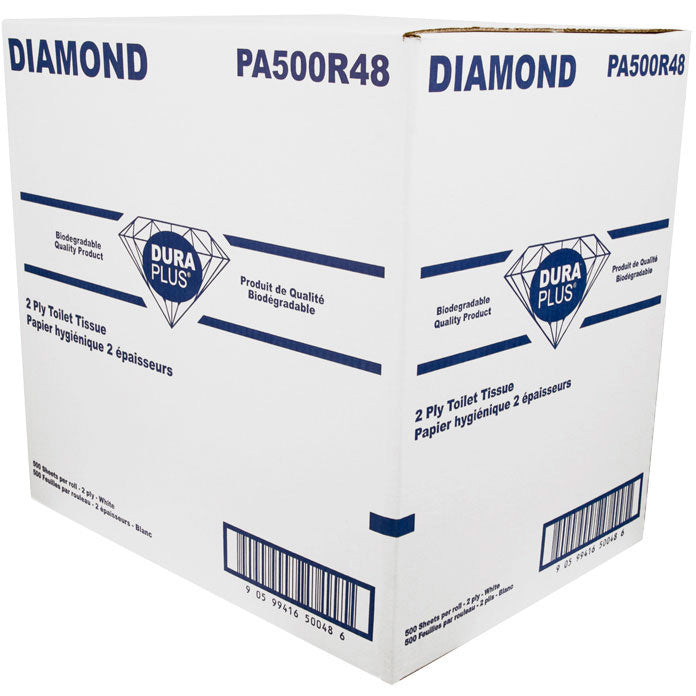 Dura Plus White 2 Ply Diamond Quality Bathroom Tissue 500 Sheets, 48/Pack