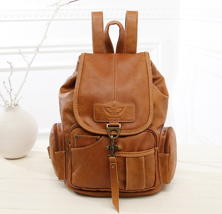 Vintage Women Backpack for Teenage Girls School Bags Large Drawstring Backpacks High Quality PU Leather Black Brown Bag XA658H