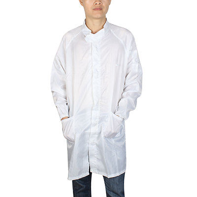 L White ESD Lab Zip Up Elastic Cuff Anti Static Coat Overalls Uniform for Unisex