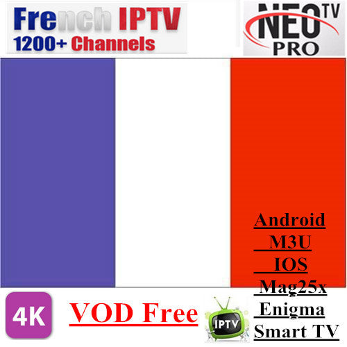 Promotion Neotv pro French Iptv subscription Live TV VOD Movies channels French Arabic UK Europe Neo one year Smart TV mag box