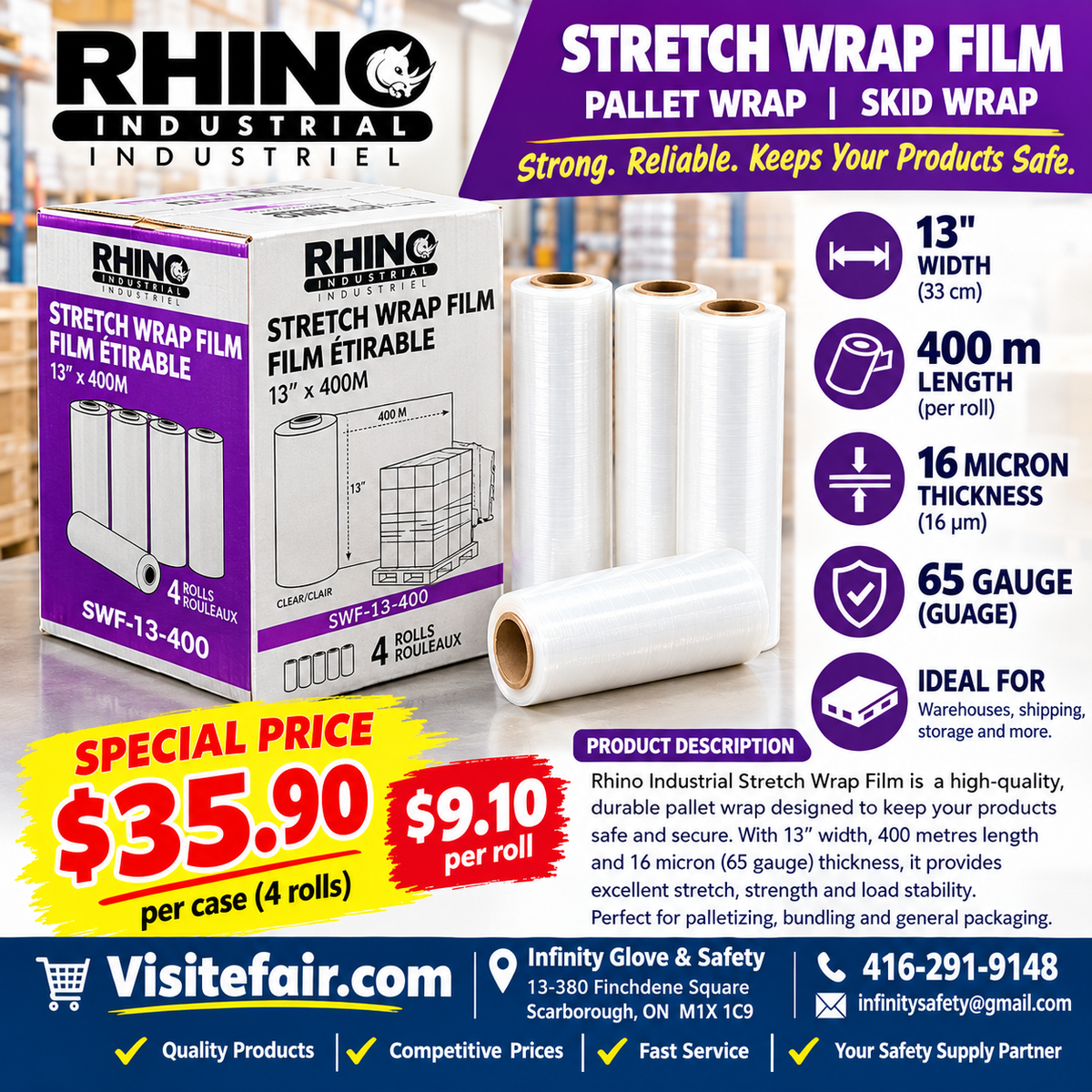 Rhino Industrial Stretch Wrap Film – 13” × 400 m | 65 Gauge