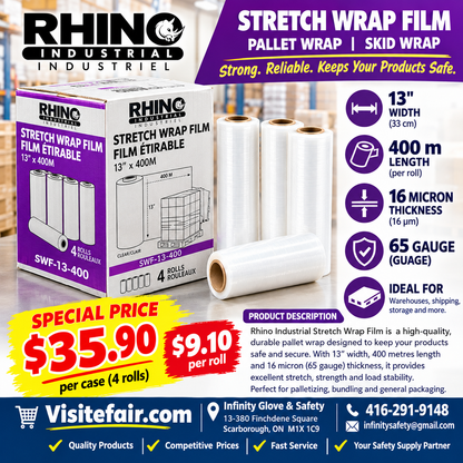 Rhino Industrial Stretch Wrap Film – 13” × 400 m | 65 Gauge