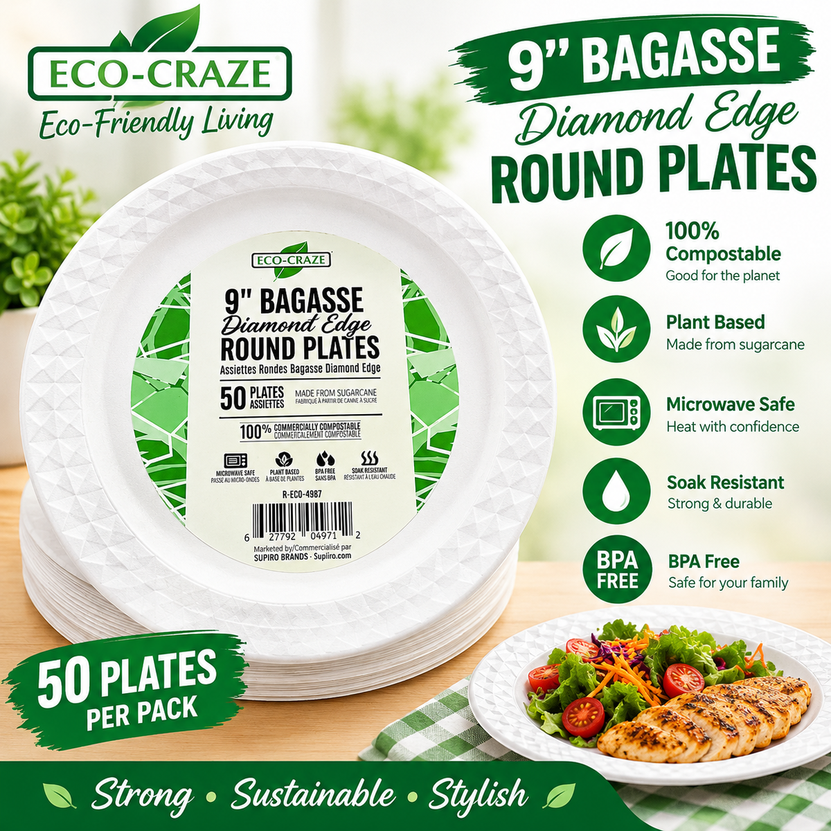 ECO-FRIENDLY 9” BAGASSE ROUND PLATES – 50 PLATES PER PACK party time