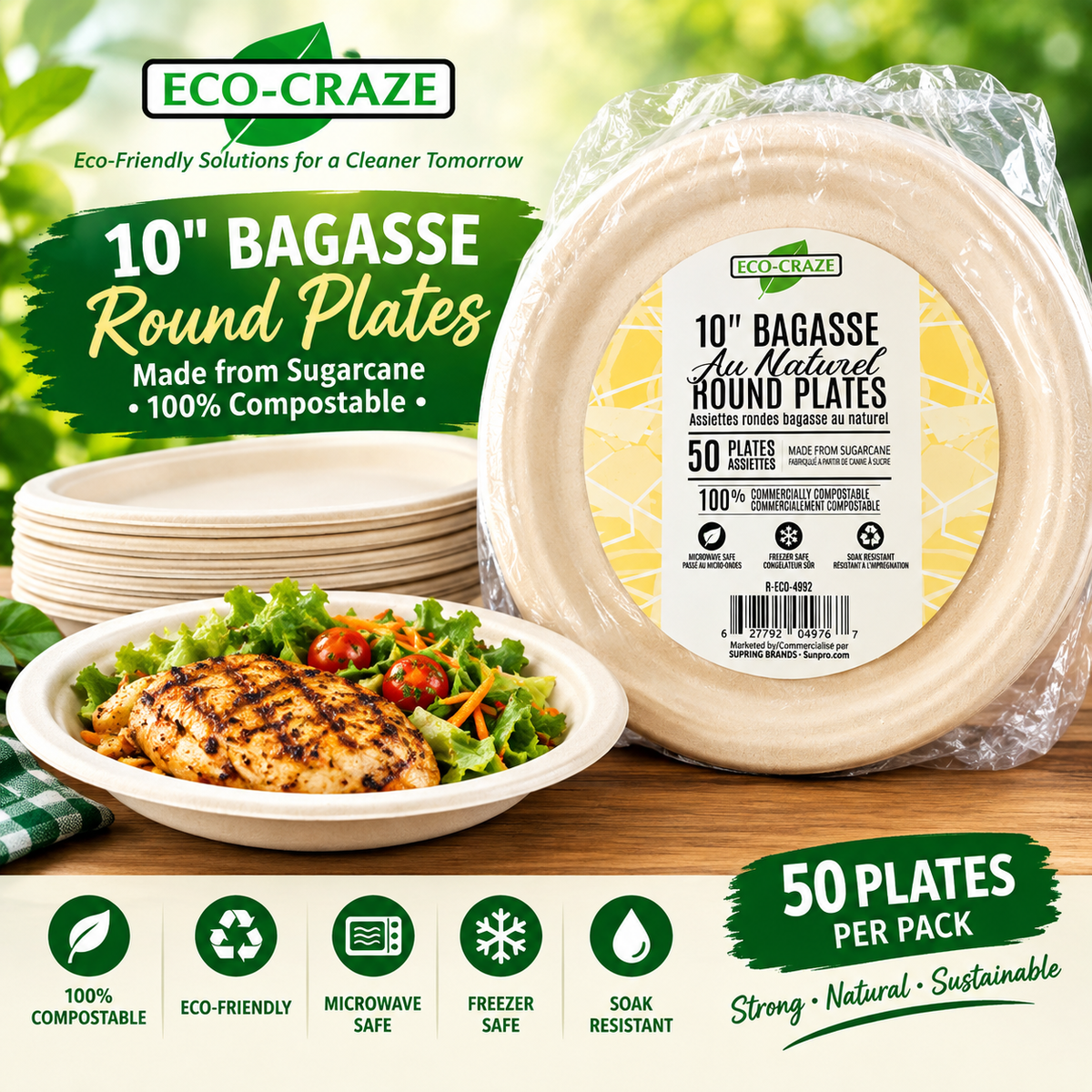 ECO-CRAZE 10" Bagasse Round Plates – 50 Plates per Pack Party time