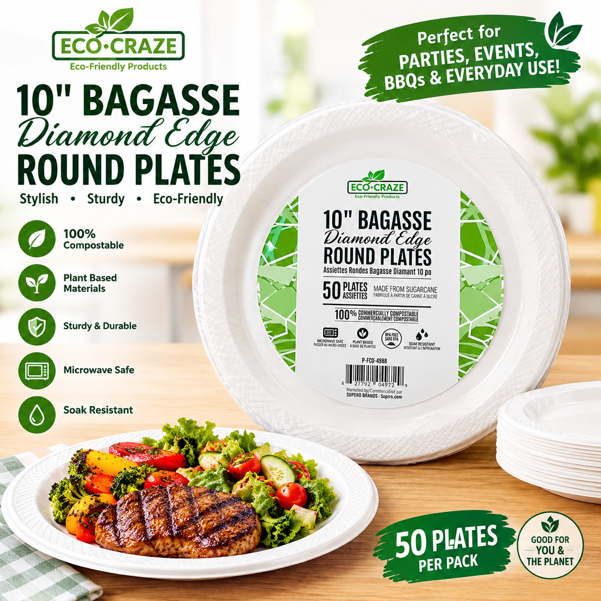 ECO•CRAZE 10" Bagasse Diamond Edge Round Plates – 50 Plates/Pack