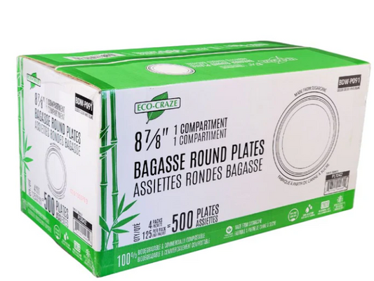 Plates 9 Inch 500/case Eco-Craze Bagasse Round Plates – 1 Compartment 125x4/cs