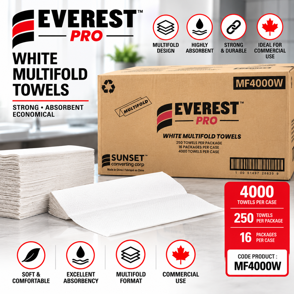Everest Pro White Multifold Paper Hand Towels – MF4000W (4,000 Towels/Case)