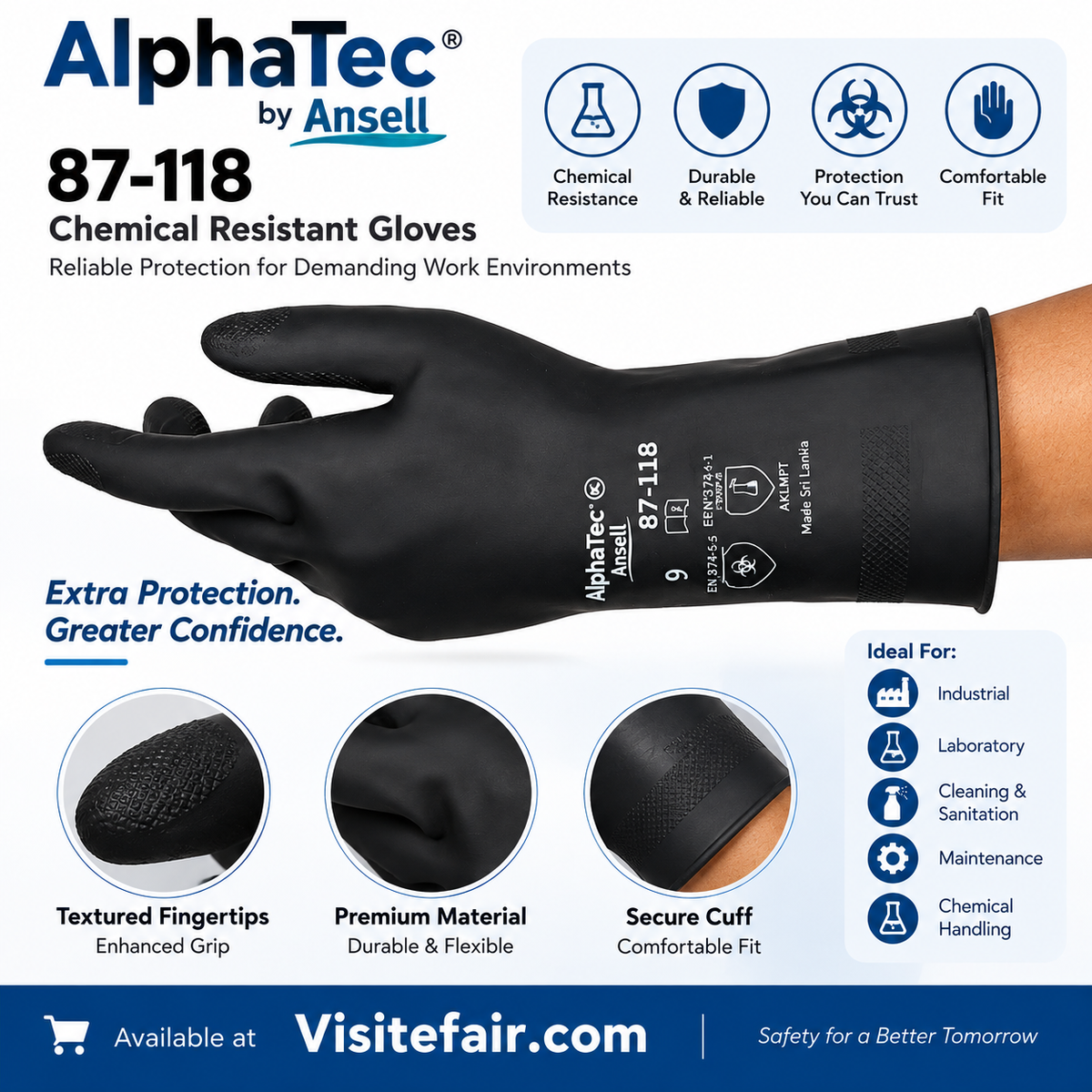 Extra-heavyweight natural rubber glove with flocked lining 29 mil Ansell Black 87-118