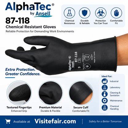 Extra-heavyweight natural rubber glove with flocked lining 29 mil Ansell Black 87-118