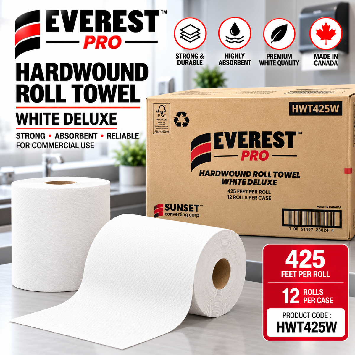 Everest Pro HWT425W White Deluxe Hardwound Roll Paper Towels – 425 ft/Roll, 12 Rolls/Case