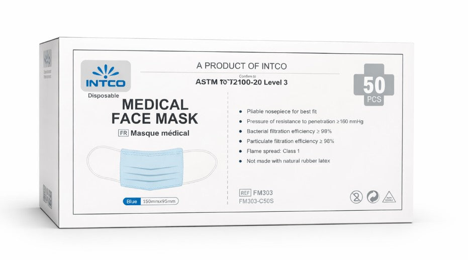 Intco Medical Face Mask ASTM F2100-20 Level 3 – 3-Ply Surgical Mask (50 Masks/Box | 40 Boxes/Case)