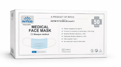 Intco Medical Face Mask ASTM F2100-20 Level 3 – 3-Ply Surgical Mask (50 Masks/Box | 40 Boxes/Case)