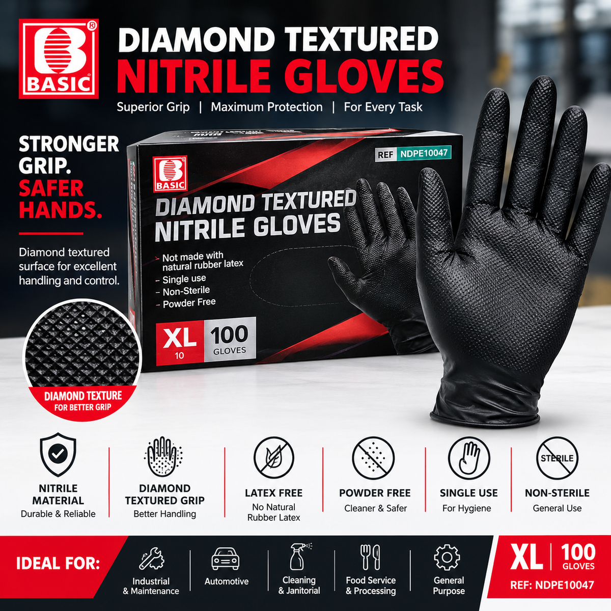 Diamond Textured Nitrile Thicknesses 10 Mill Gloves – Black, XL, 100 Gloves