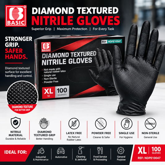 Diamond Textured Nitrile Thicknesses 10 Mill Gloves – Black, XL, 100 Gloves