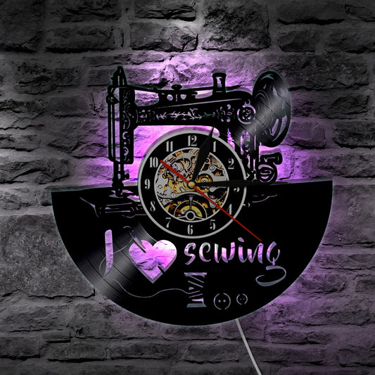 1Piece I Love Sewing Retro LED Wall Lamp Vinyl Record Wall Clock Sewing Machine Color Changing Wall Light Seamstress Gift