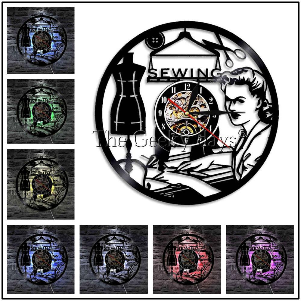 1Piece I Love Sewing Retro LED Wall Lamp Vinyl Record Wall Clock Sewing Machine Color Changing Wall Light Seamstress Gift