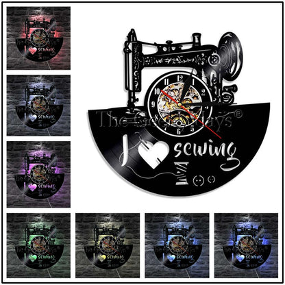 1Piece I Love Sewing Retro LED Wall Lamp Vinyl Record Wall Clock Sewing Machine Color Changing Wall Light Seamstress Gift