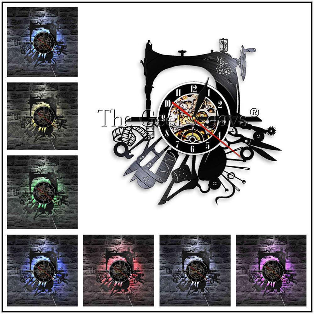 1Piece I Love Sewing Retro LED Wall Lamp Vinyl Record Wall Clock Sewing Machine Color Changing Wall Light Seamstress Gift