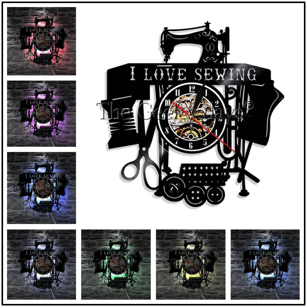 1Piece I Love Sewing Retro LED Wall Lamp Vinyl Record Wall Clock Sewing Machine Color Changing Wall Light Seamstress Gift
