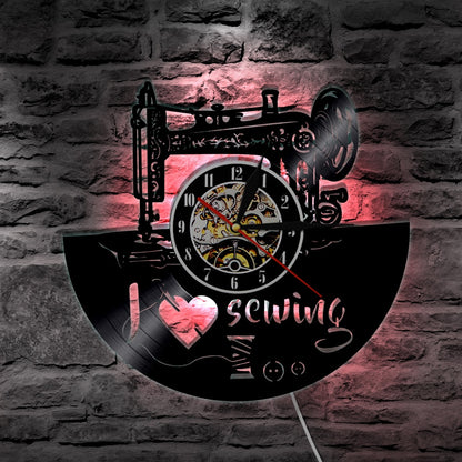 1Piece I Love Sewing Retro LED Wall Lamp Vinyl Record Wall Clock Sewing Machine Color Changing Wall Light Seamstress Gift