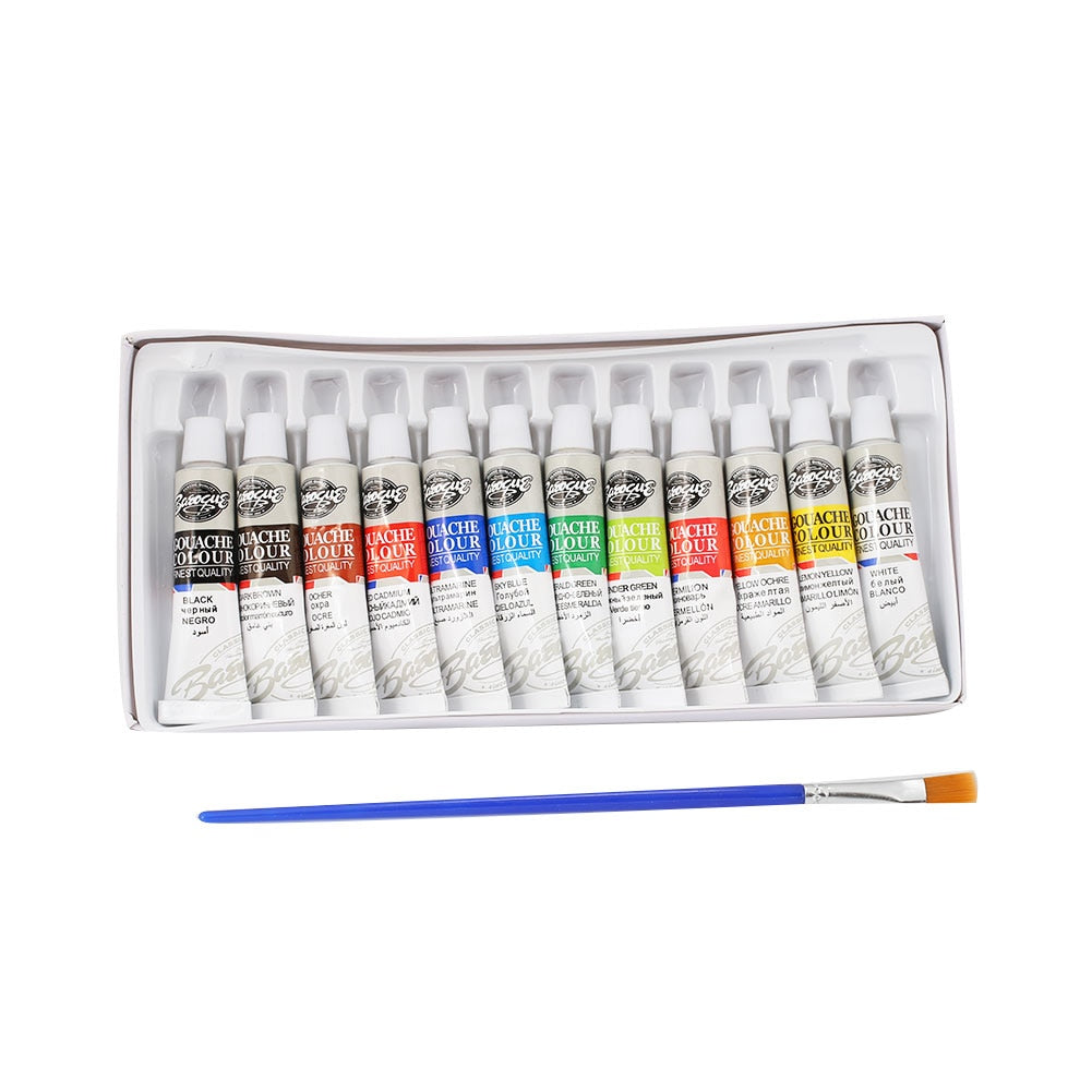 1Set 12 Colors 6ML Gouache Pigment With Painting Pen Kids Draw Gouache Paints Tube With Drawing Brush Art Supplies Draw Tool