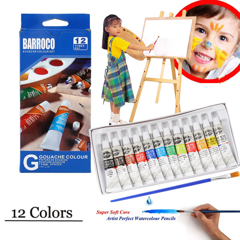 1Set 12 Colors 6ML Gouache Pigment With Painting Pen Kids Draw Gouache Paints Tube With Drawing Brush Art Supplies Draw Tool