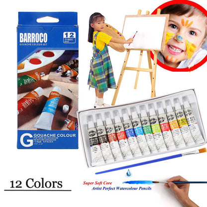 1Set 12 Colors 6ML Gouache Pigment With Painting Pen Kids Draw Gouache Paints Tube With Drawing Brush Art Supplies Draw Tool
