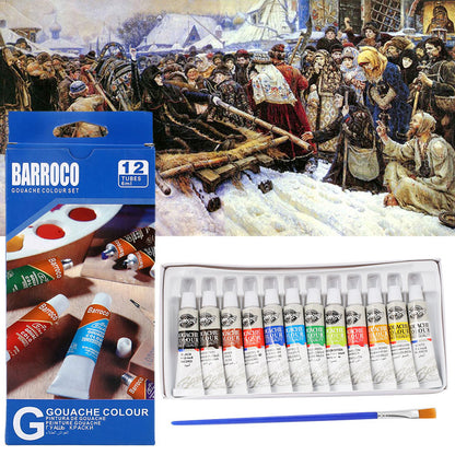 1Set 12 Colors 6ML Gouache Pigment With Painting Pen Kids Draw Gouache Paints Tube With Drawing Brush Art Supplies Draw Tool