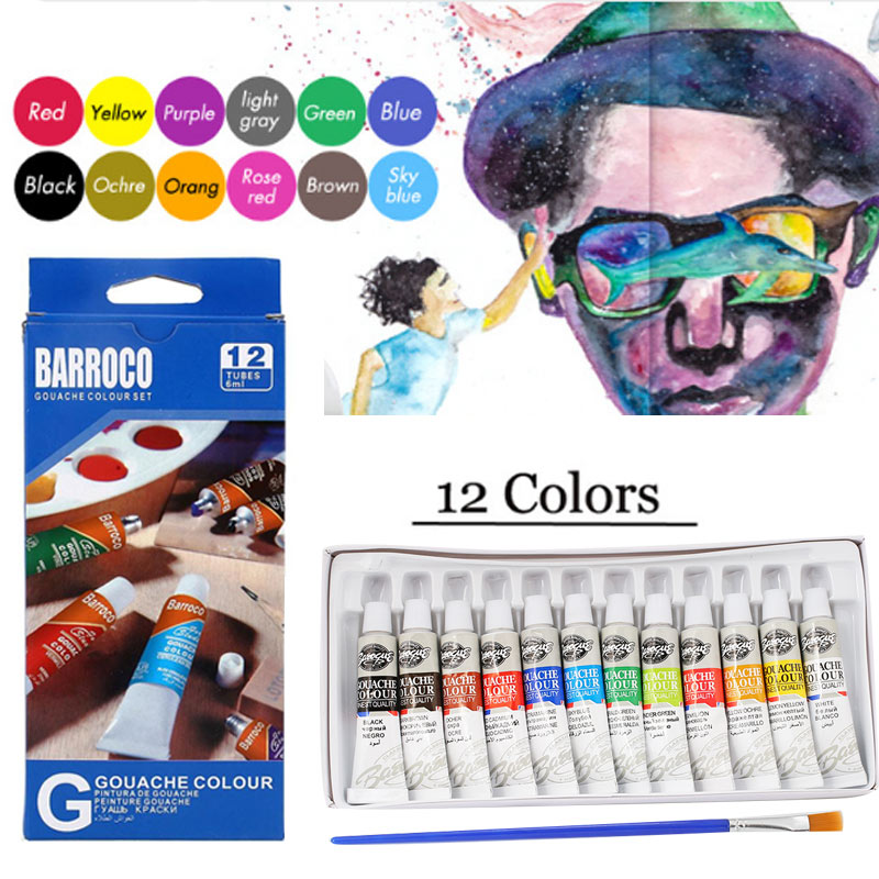 1Set 12 Colors 6ML Gouache Pigment With Painting Pen Kids Draw Gouache Paints Tube With Drawing Brush Art Supplies Draw Tool