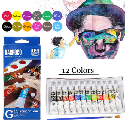 1Set 12 Colors 6ML Gouache Pigment With Painting Pen Kids Draw Gouache Paints Tube With Drawing Brush Art Supplies Draw Tool