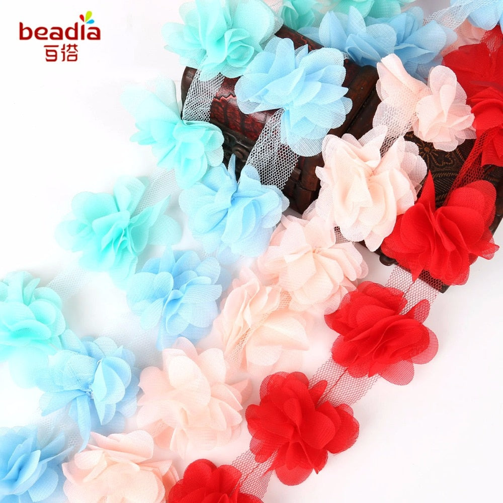 1yard=12pcs flowers 3D Chiffon Cluster Flowers Lace Dress Decoration Lace Fabric Applique Trimming Sewing Supplies