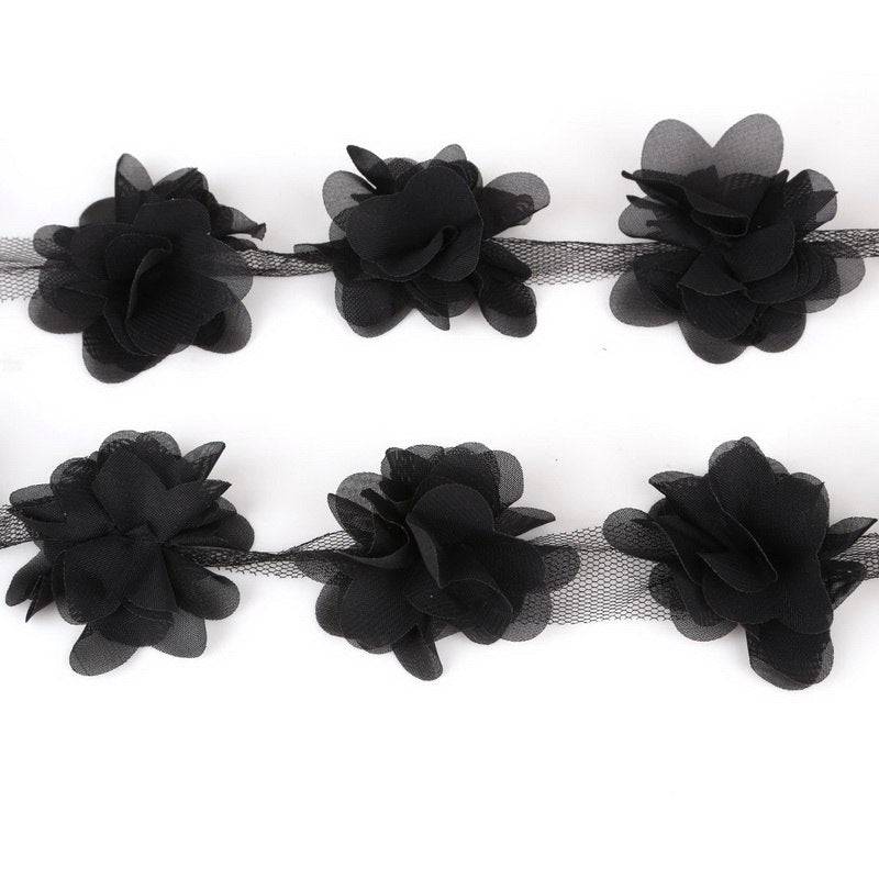 1yard=12pcs flowers 3D Chiffon Cluster Flowers Lace Dress Decoration Lace Fabric Applique Trimming Sewing Supplies