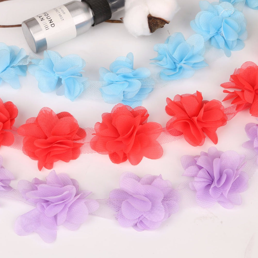 1yard=12pcs flowers 3D Chiffon Cluster Flowers Lace Dress Decoration Lace Fabric Applique Trimming Sewing Supplies