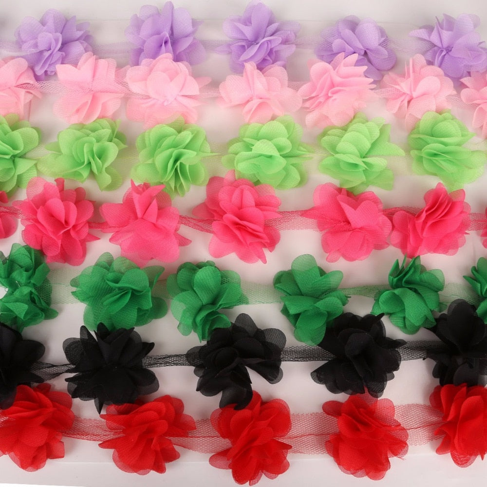 1yard=12pcs flowers 3D Chiffon Cluster Flowers Lace Dress Decoration Lace Fabric Applique Trimming Sewing Supplies