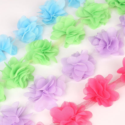 1yard=12pcs flowers 3D Chiffon Cluster Flowers Lace Dress Decoration Lace Fabric Applique Trimming Sewing Supplies