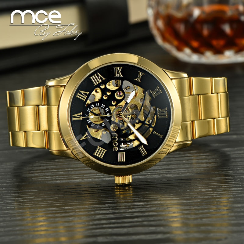 2017 New MCE Mens Luxury Gold Roman Numerals Stainless Steel Watch Men Automatic Mechanical Business Wrist Watch  331