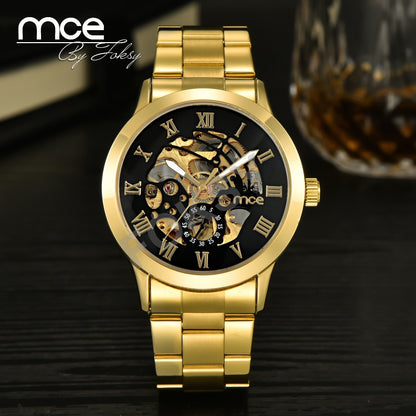 2017 New MCE Mens Luxury Gold Roman Numerals Stainless Steel Watch Men Automatic Mechanical Business Wrist Watch  331