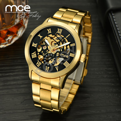 2017 New MCE Mens Luxury Gold Roman Numerals Stainless Steel Watch Men Automatic Mechanical Business Wrist Watch  331