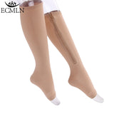 2017 New Women Zipper Compression Socks Zip Leg Support Knee Sox Open Toe Sock Fashion and Leak toe black khaki color
