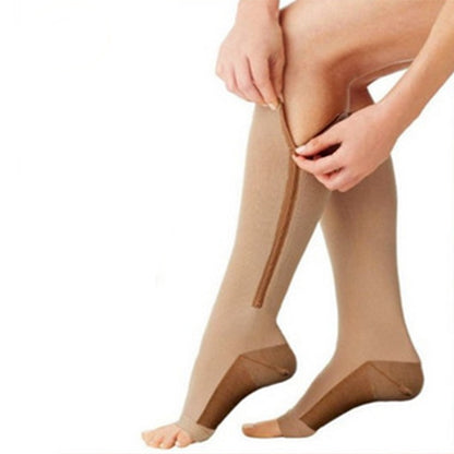 2017 New Women Zipper Compression Socks Zip Leg Support Knee Sox Open Toe Sock Fashion and Leak toe black khaki color