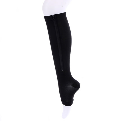 2017 New Women Zipper Compression Socks Zip Leg Support Knee Sox Open Toe Sock Fashion and Leak toe black khaki color