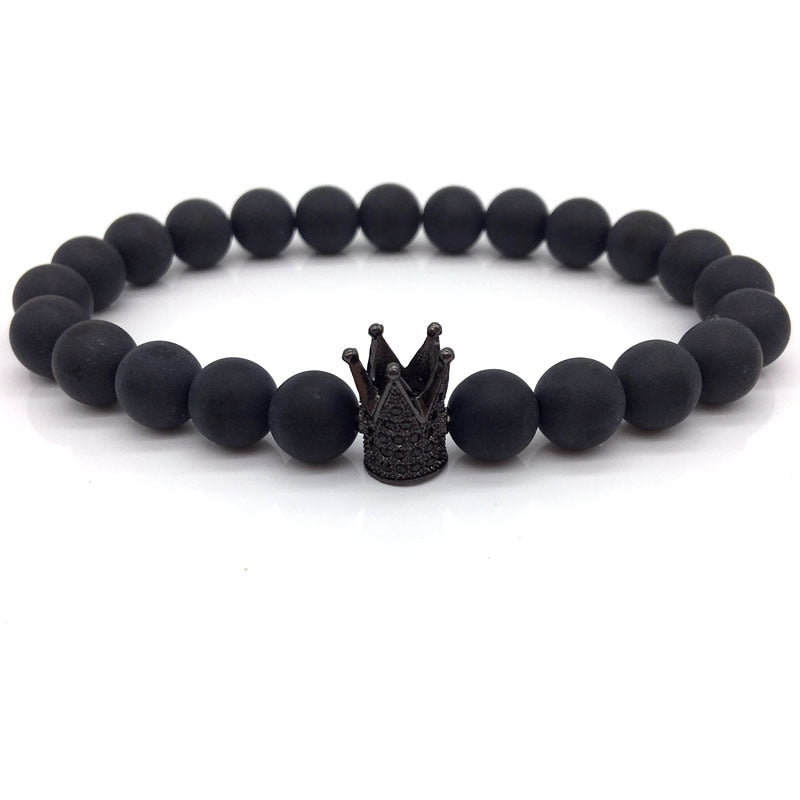 2018 Hot Trendy Pave Black Zirconia Gold King Crown Charm Bracelet Men Matte Stone Bead Bracelet