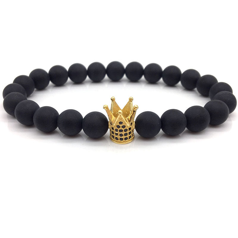 2018 Hot Trendy Pave Black Zirconia Gold King Crown Charm Bracelet Men Matte Stone Bead Bracelet