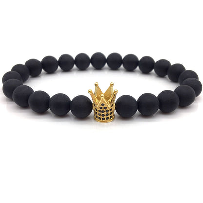 2018 Hot Trendy Pave Black Zirconia Gold King Crown Charm Bracelet Men Matte Stone Bead Bracelet