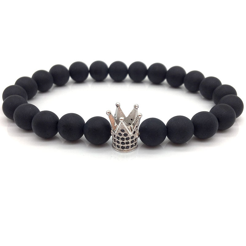 2018 Hot Trendy Pave Black Zirconia Gold King Crown Charm Bracelet Men Matte Stone Bead Bracelet