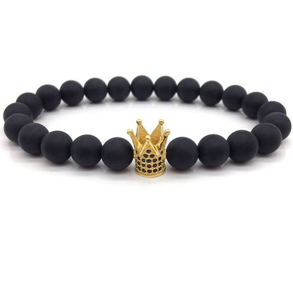 2018 Hot Trendy Pave Black Zirconia Gold King Crown Charm Bracelet Men Matte Stone Bead Bracelet