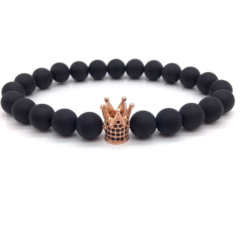 2018 Hot Trendy Pave Black Zirconia Gold King Crown Charm Bracelet Men Matte Stone Bead Bracelet