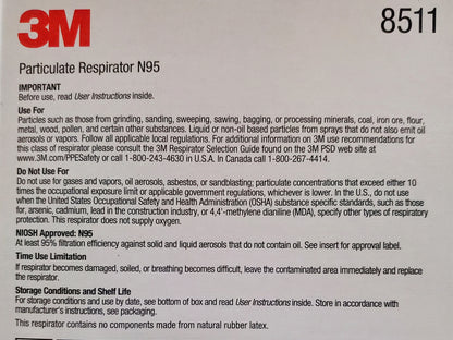 3M 8511 Dust Mask PM 2.5 Anti-fog Particulate Valved Respirator Anti influenza Breathing Valve Adult N95 Safety Dustproof Masks. CURBSIDE PICK UP AVAILABLE