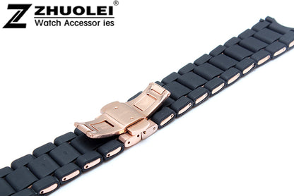 20mm 23mm NEW Black Mens Silicone Rubber Diver Watch Strap Band Bracelets Rose Gold Butterfly Buckle For AR5890 AR5858 AR591